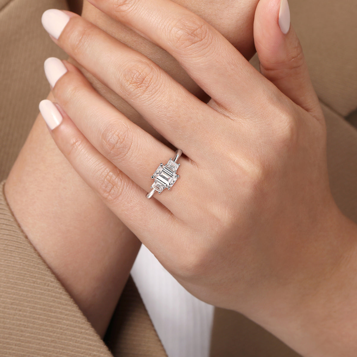14K White Gold Emerald Cut Three Stone Diamond Engagement Ring - View 1