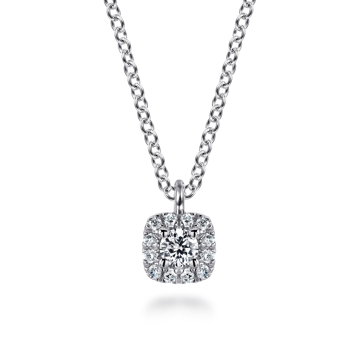 14K White Gold Cushion Halo Round Diamond Pendant Necklace - View 1
