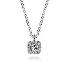 14K White Gold Cushion Halo Round Diamond Pendant Necklace thumbnail 1