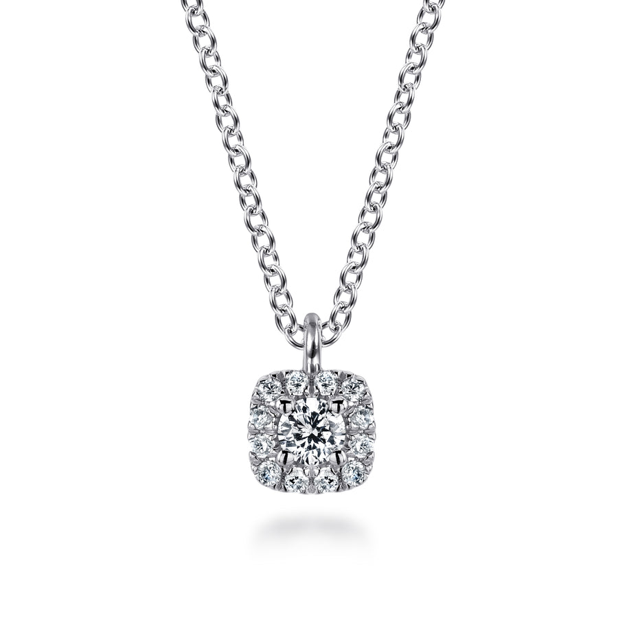 14K White Gold Cushion Halo Round Diamond Pendant Necklace