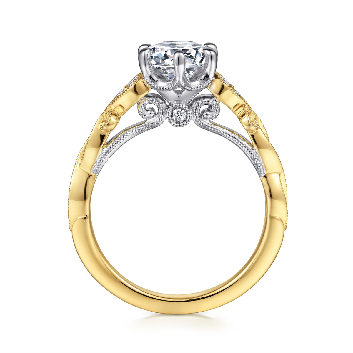 14K White-Yellow Gold Floral Round Diamond Engagement Ring - View 2