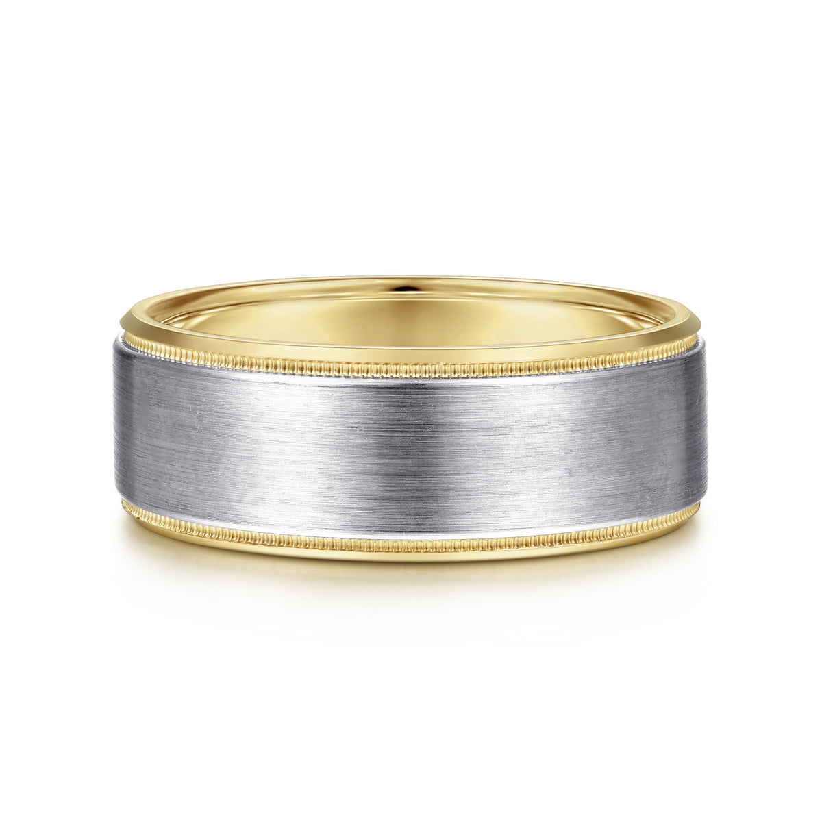 14K White-Yellow Gold 8mm Two Tone Beveled Edge Men's Wedding Band in Satin Finish - View 1