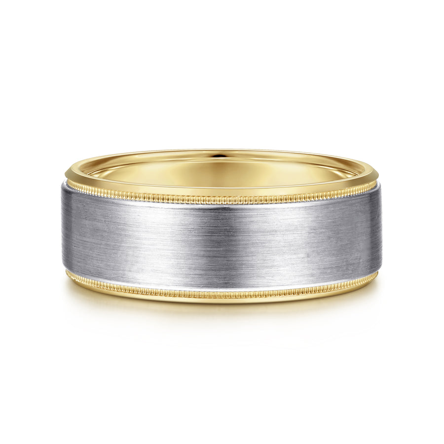 14K White-Yellow Gold 8mm Two Tone Beveled Edge Men's Wedding Band in Satin Finish