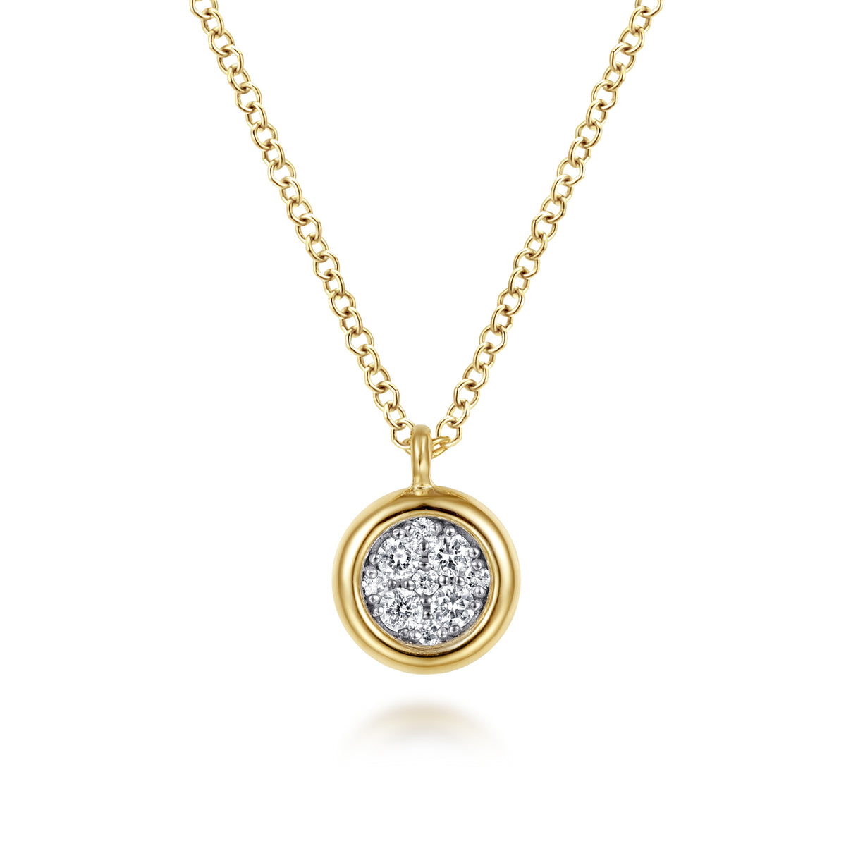 14K Yellow-White Gold Round Pavé Diamond Cluster Pendant Necklace with Bezel Frame - View 1
