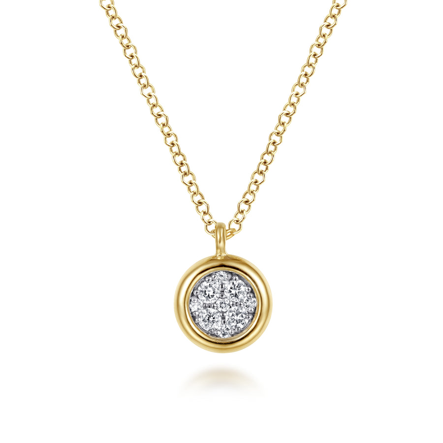 14K Yellow-White Gold Round Pavé Diamond Cluster Pendant Necklace with Bezel Frame