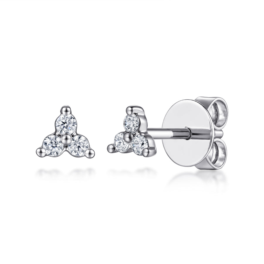 14K White Gold Three Diamond Cluster Stud Earrings