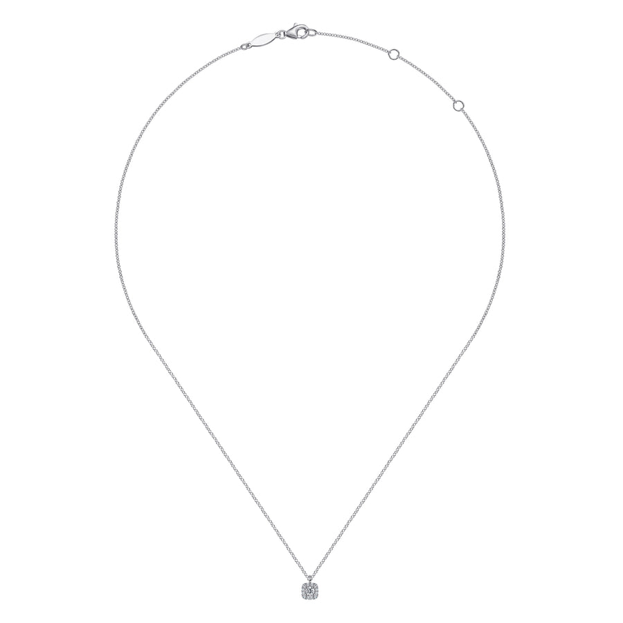 14K White Gold Cushion Halo Round Diamond Pendant Necklace