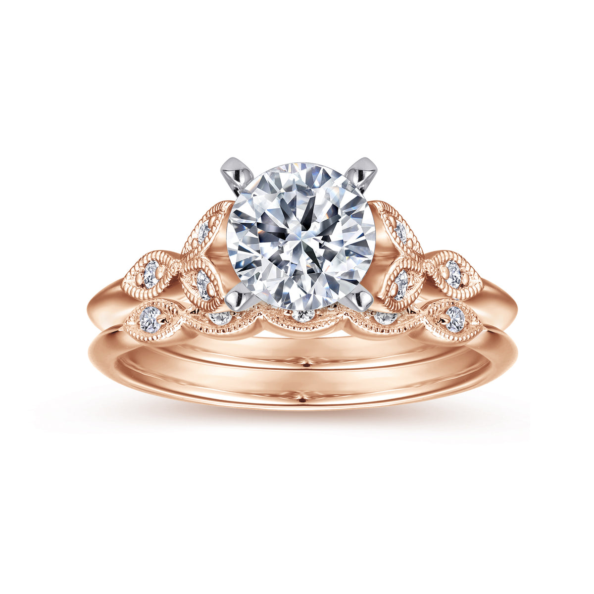 Vintage Inspired 14K White-Rose Gold Split Shank Round Diamond Engagement Ring - View 4