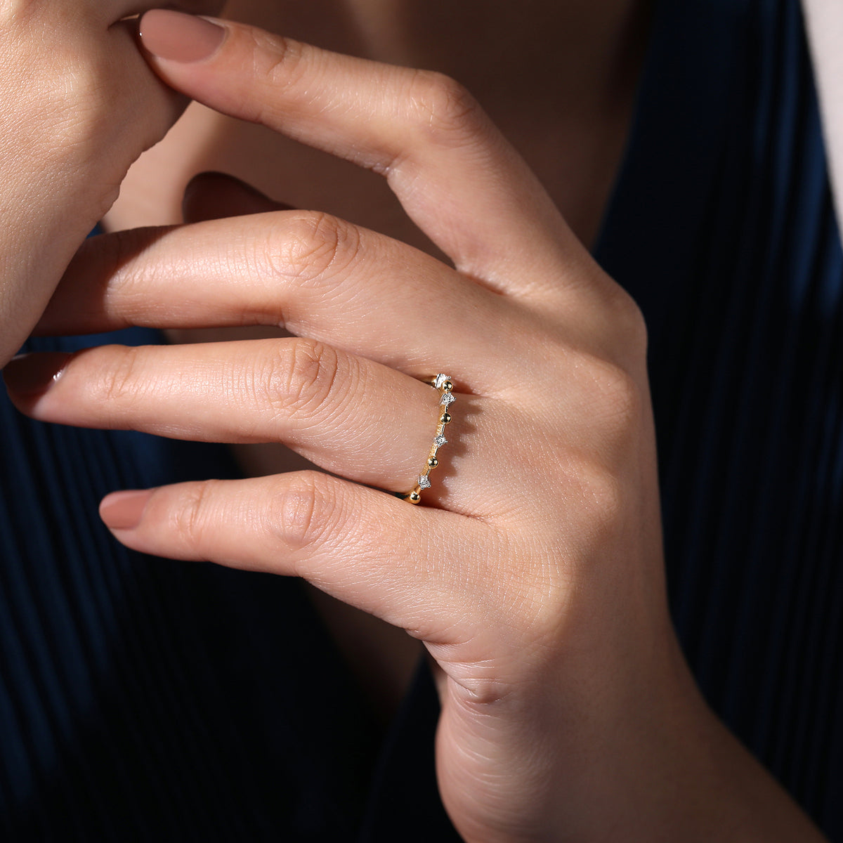 14K Yellow Gold Beaded and Diamond Station Alternating Ring - View 5