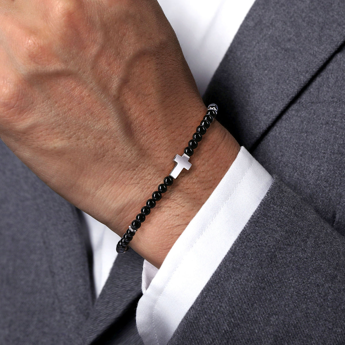 925 Sterling Silver Onyx Beads Cross Bracelet - View 3