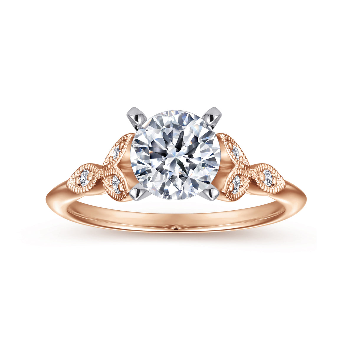 Vintage Inspired 14K White-Rose Gold Split Shank Round Diamond Engagement Ring - View 5
