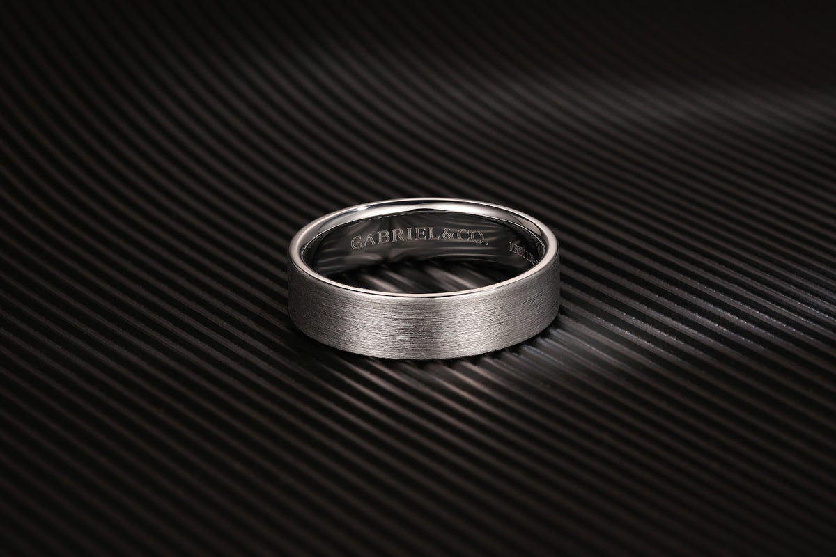 14K White Gold 6mm Flat Men's Wedding Band in Satin Finish - View 6