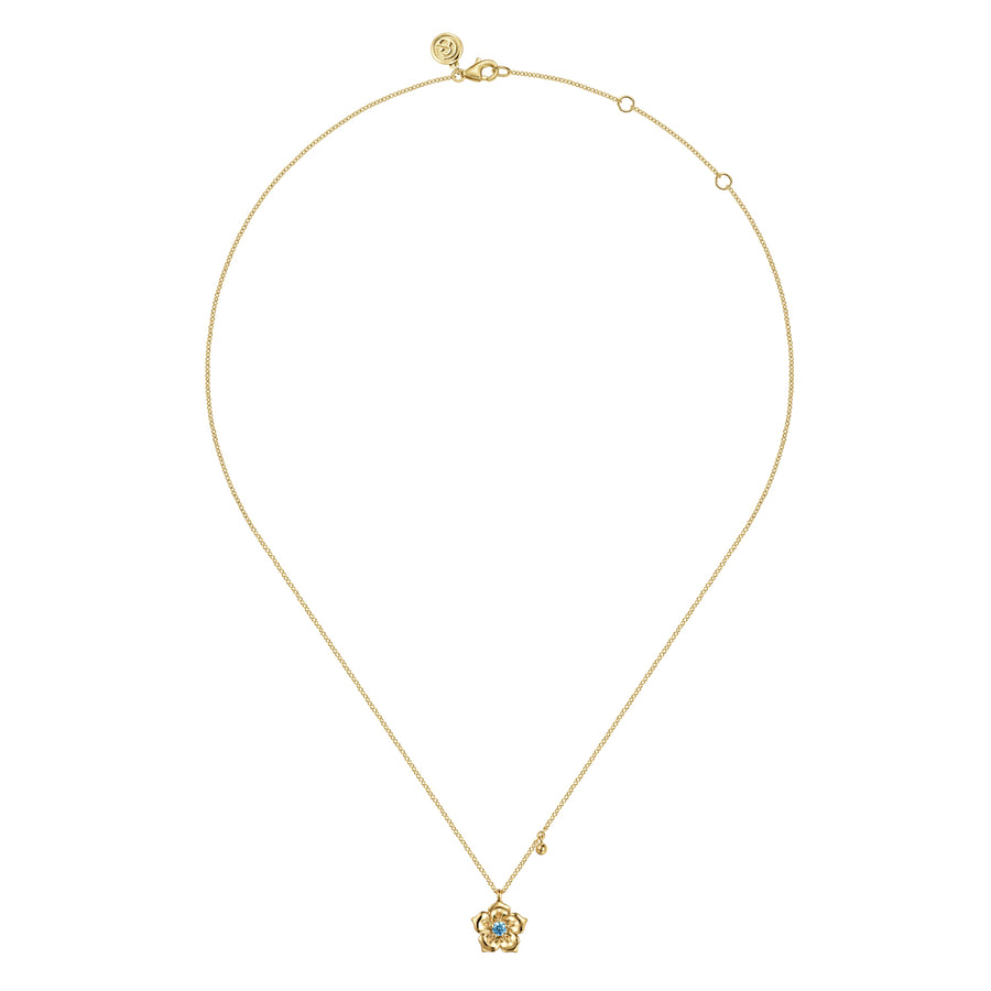 14K Yellow Gold Blue Topaz Floral Drop Necklace