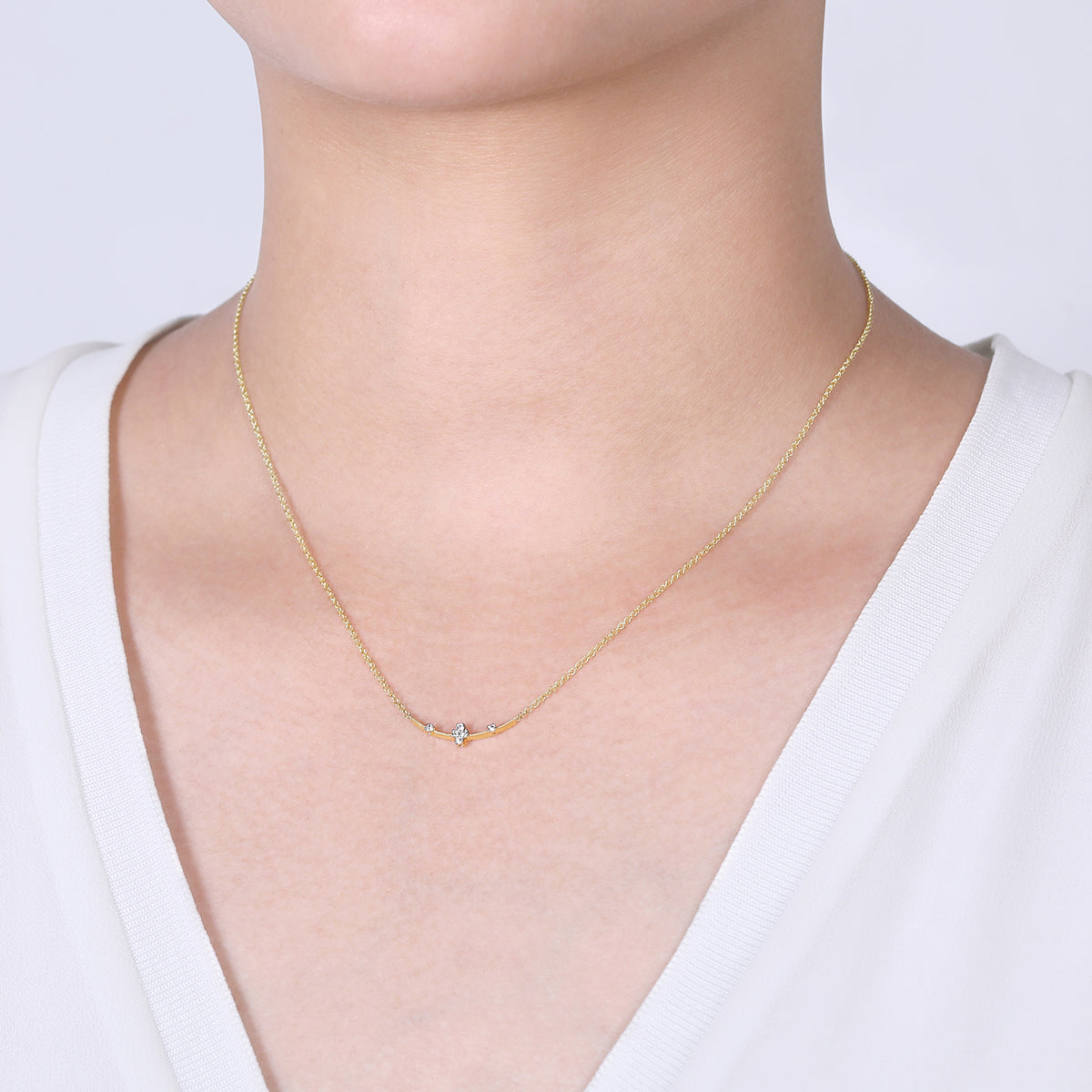 14K Yellow Gold Curved Bar Necklace with Diamond Stations - View 3
