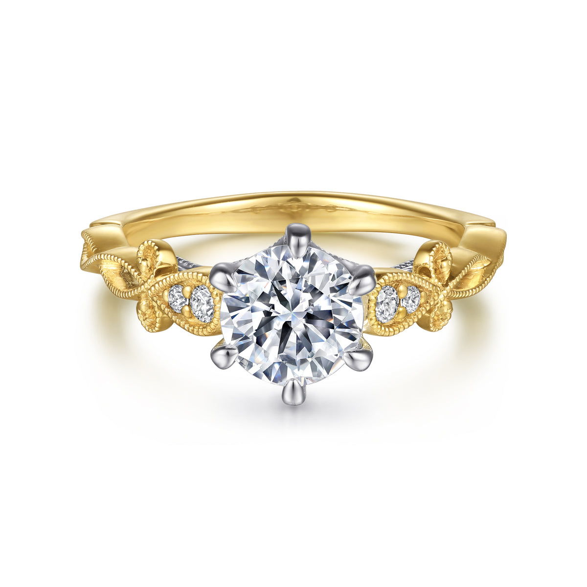 14K White-Yellow Gold Floral Round Diamond Engagement Ring - View 1