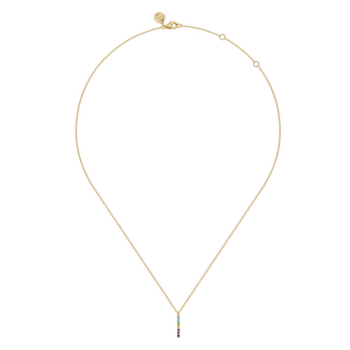 14K Yellow Gold Rainbow Color Stone Bar Necklace
