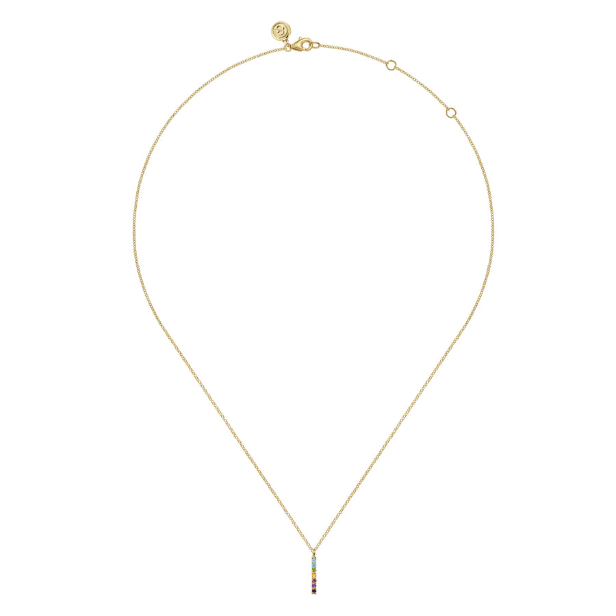 14K Yellow Gold Rainbow Color Stone Bar Necklace