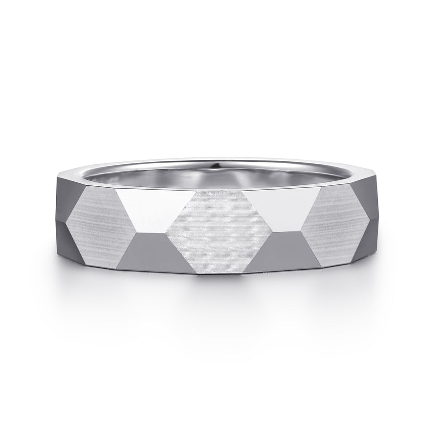 14K White Gold 6mm Carved Men's Wedding Band in Satin Finish