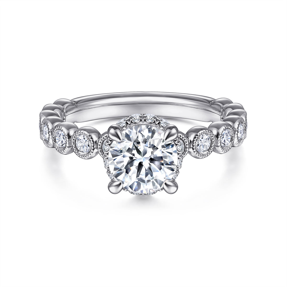 Vintage Inspired 14K White Gold Round Diamond Engagement Ring - View 1
