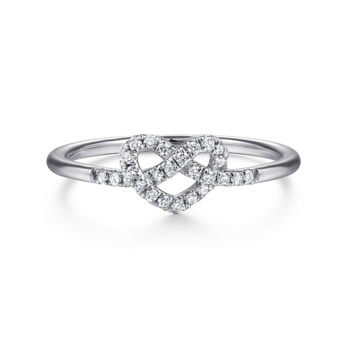 14K White Gold Diamond Pretzel Love Knot Heart Ring - View 1