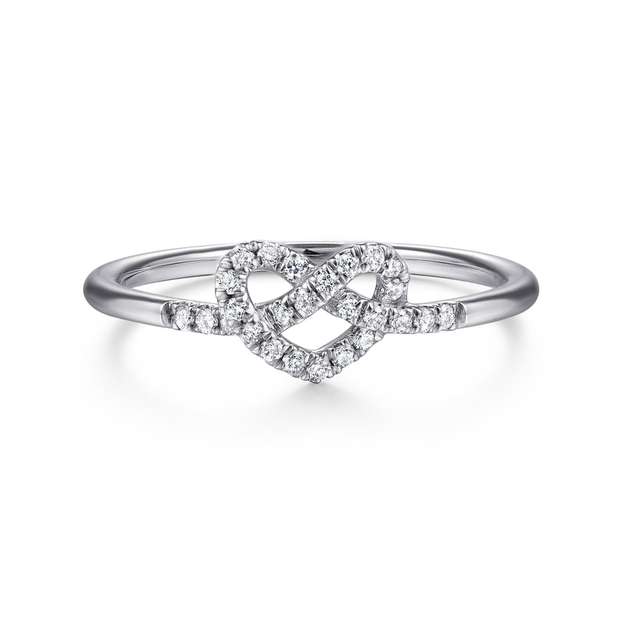 14K White Gold Diamond Pretzel Love Knot Heart Ring