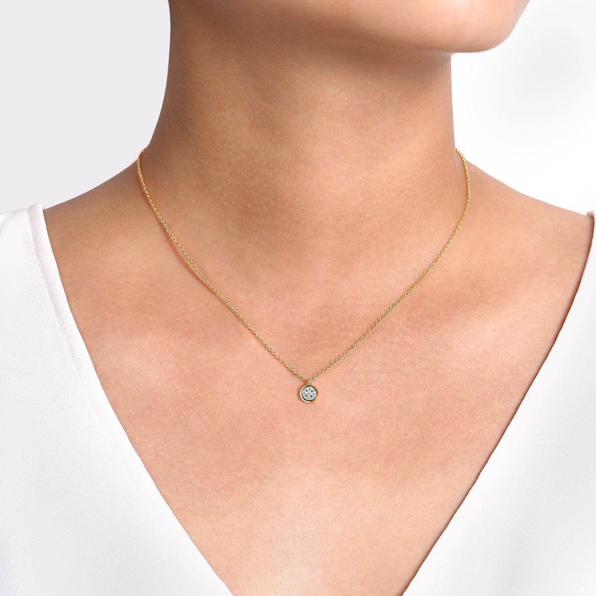 14K Yellow-White Gold Round Pavé Diamond Cluster Pendant Necklace with Bezel Frame - View 3