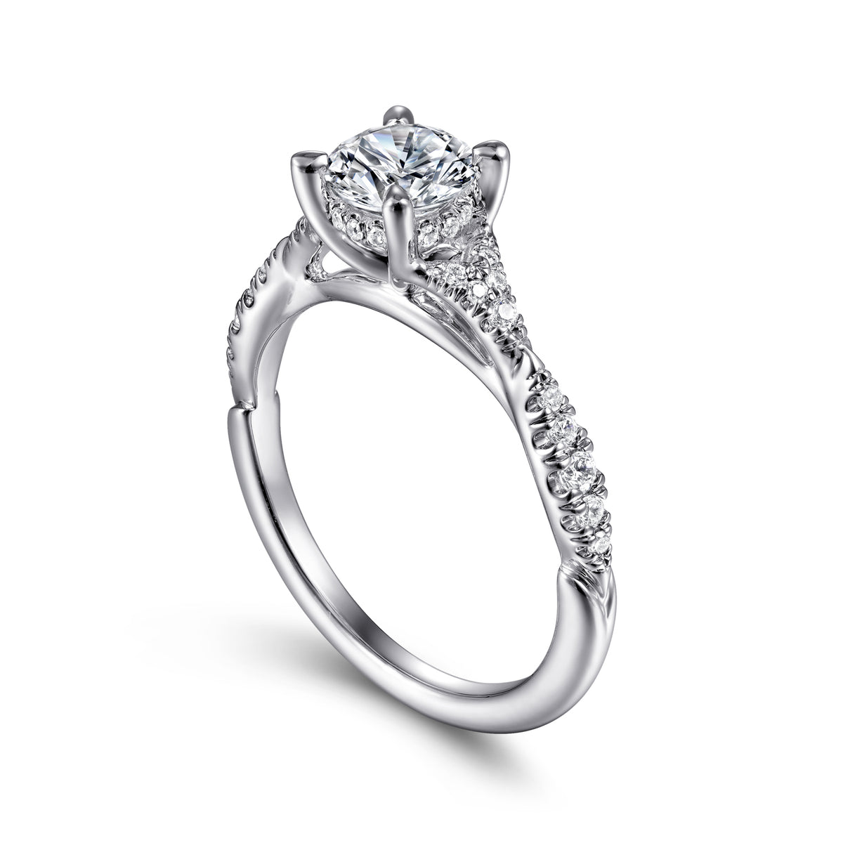 14K White Gold Split Shank Round Diamond Engagement Ring - View 3