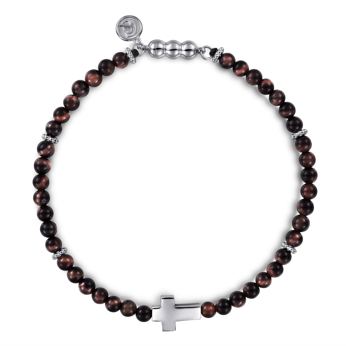 925 Sterling Silver Cross Bracelet with 4mm Tiger Eye Beads - View 1