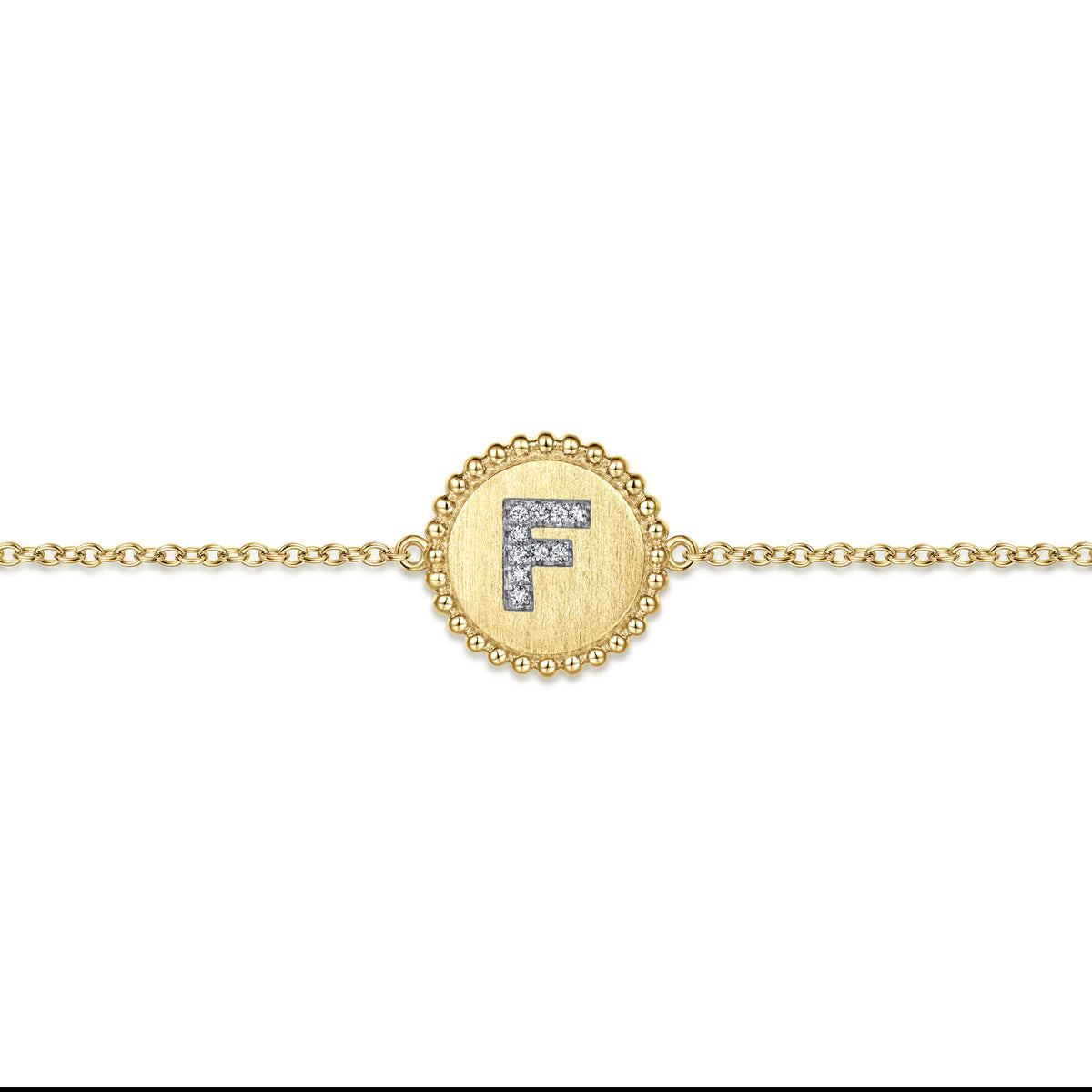 14K Yellow Gold Diamond Beaded Initial F Tennis Bracelet in Size 7inch W/Brush - View 2