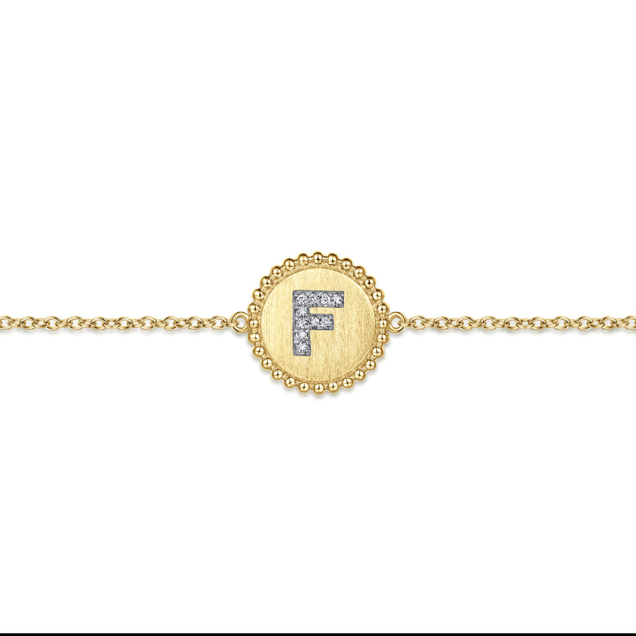 14K Yellow Gold Diamond Beaded Initial F Tennis Bracelet in Size 7inch W/Brush