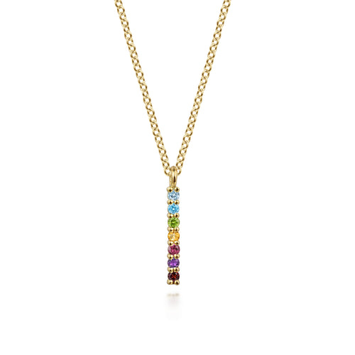 14K Yellow Gold Rainbow Color Stone Bar Necklace