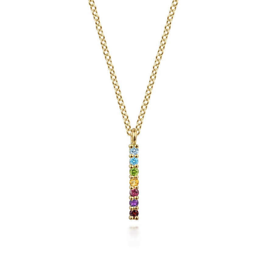 14K Yellow Gold Rainbow Color Stone Bar Necklace