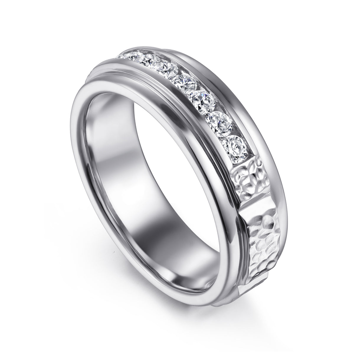14K White Gold Diamond Men's Wedding Ring in Sand Blast Finish - View 3
