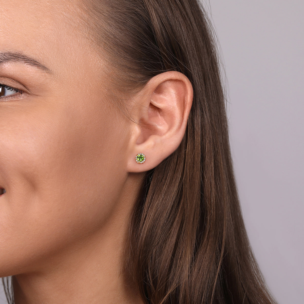14K Yellow Gold Diamond and Peridot Halo Stud Earrings - View 2