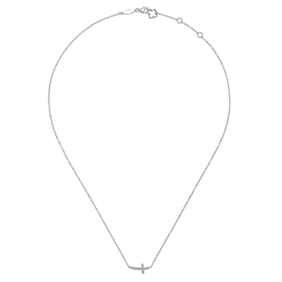 14K White Gold Sideways Curved Diamond Cross Necklace - View 2