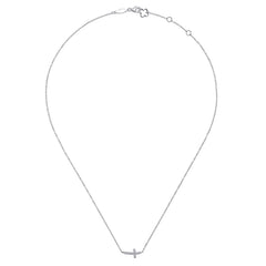14K White Gold Sideways Curved Diamond Cross Necklace thumbnail 2