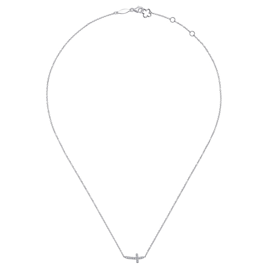 14K White Gold Sideways Curved Diamond Cross Necklace