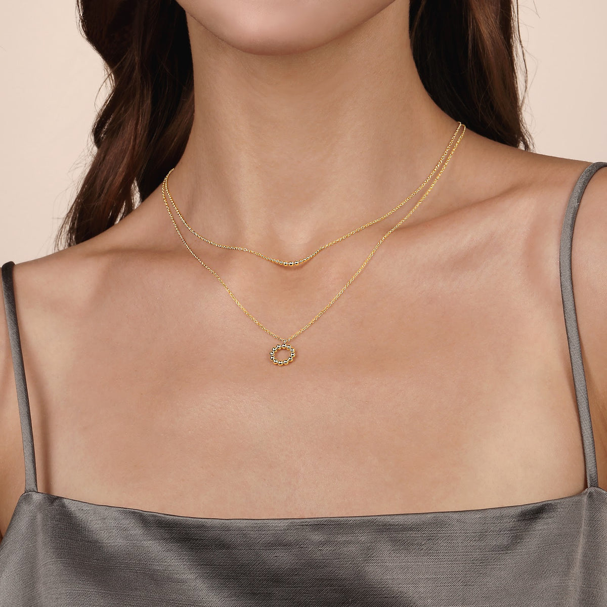 14K Yellow Gold Graduating Beads Curved Bar Necklace - View 5