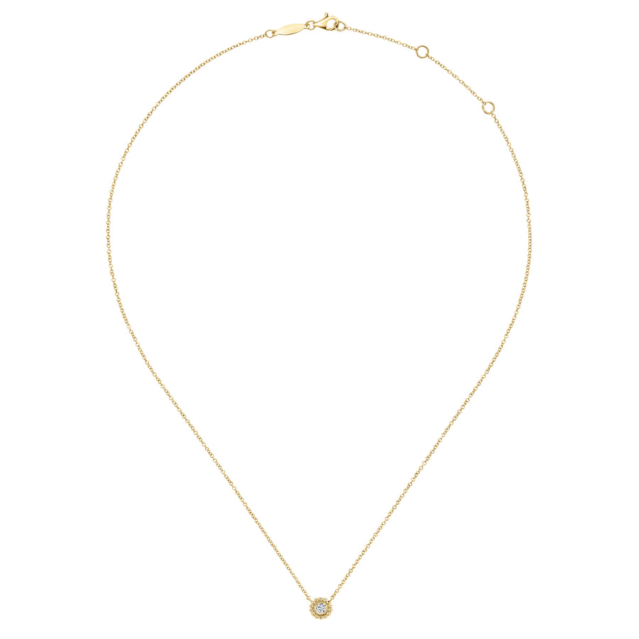 14K Yellow Gold Beaded Round Bezel Set Diamond Pendant Necklace