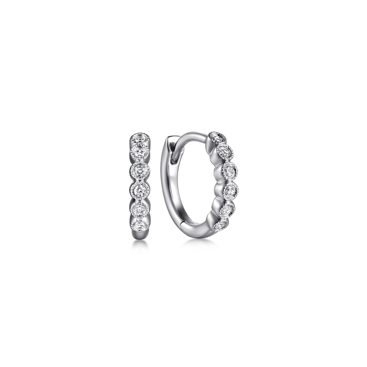 14K White Gold Diamond Huggie In 12mm With Bezel Set and Milgrain - View 1