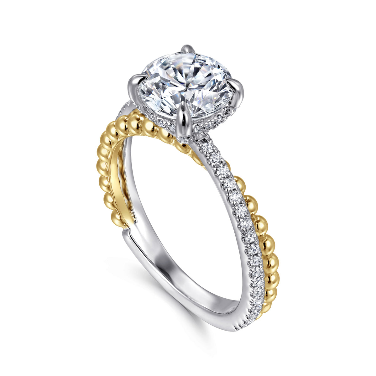 14K White-Yellow Gold Split Shank Round Hidden Halo Diamond Engagement Ring - View 3