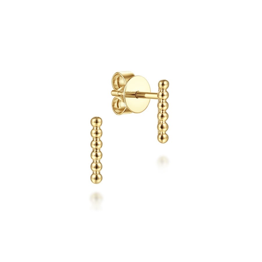 14K Yellow Gold Beaded Bar Stud Earrings