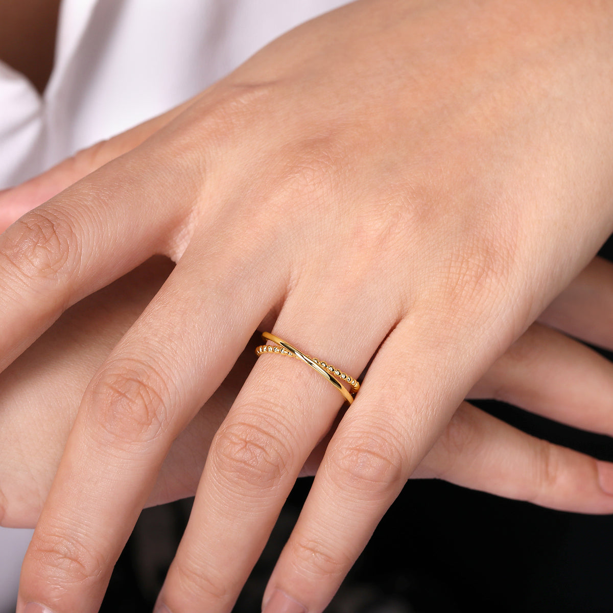 14K Yellow Gold Beaded Criss Cross Ring - View 5