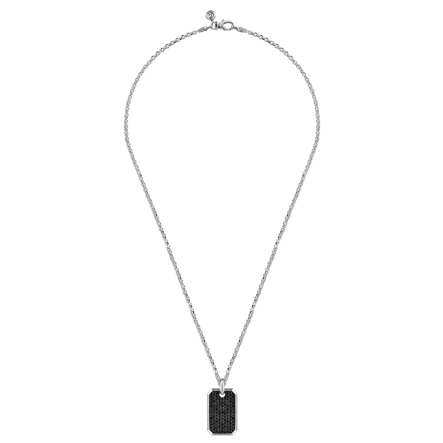 22 Inch 925 Sterling Silver Black Spinel Dog Tag Pendant Necklace