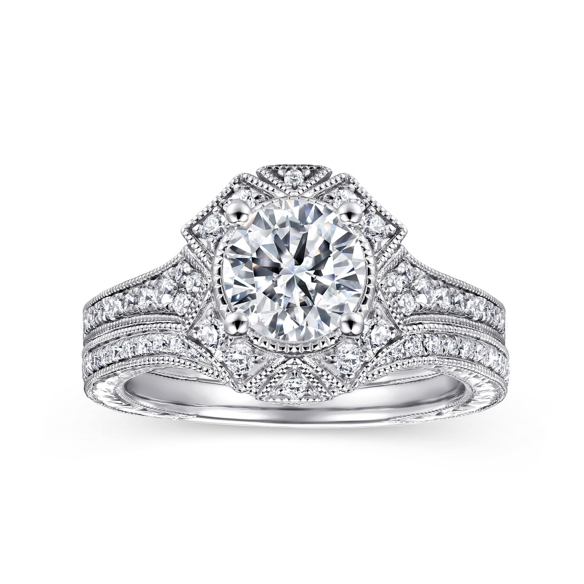 Art Deco Halo Diamond Engagement Ring - View 4