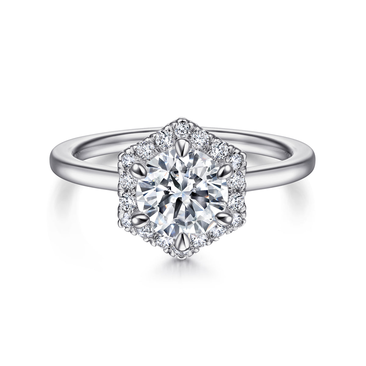Hexagonal Halo Round Diamond Engagement Ring - View 1