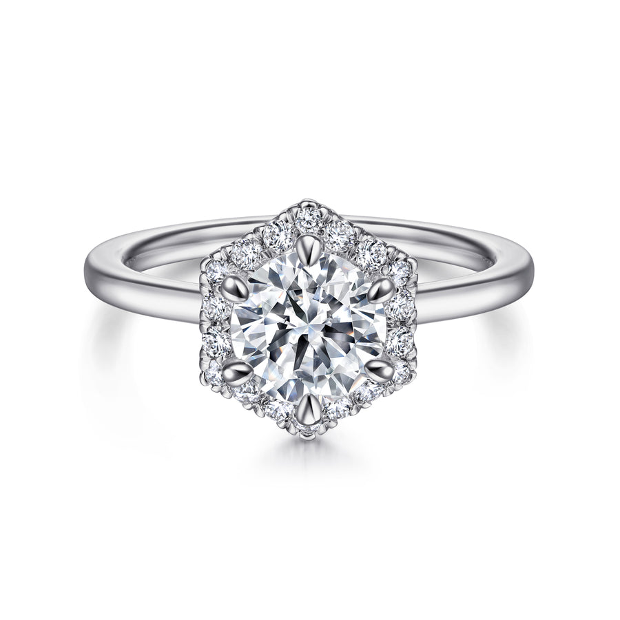 Hexagonal Halo Round Diamond Engagement Ring