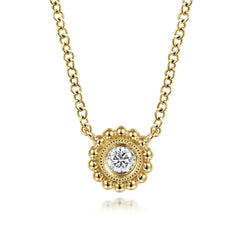 14K Yellow Gold Beaded Round Bezel Set Diamond Pendant Necklace thumbnail 1