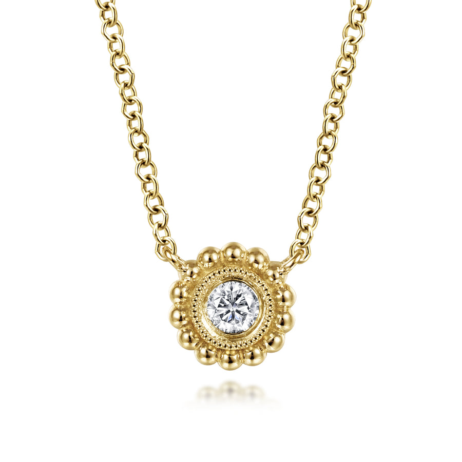 14K Yellow Gold Beaded Round Bezel Set Diamond Pendant Necklace