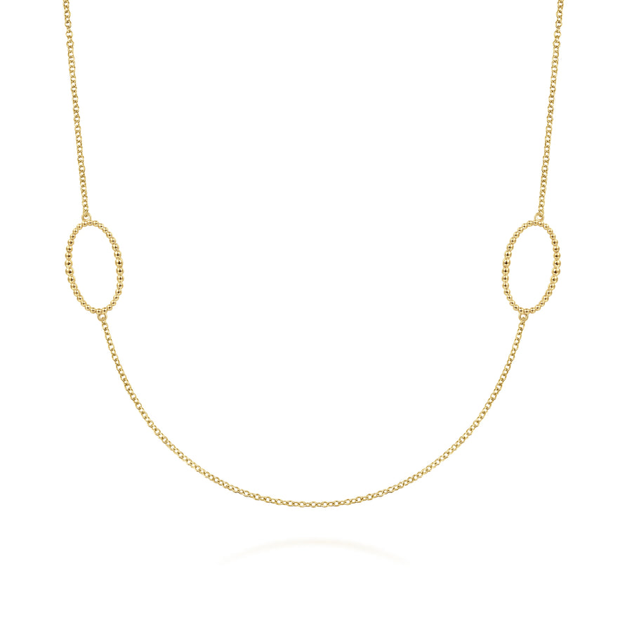 28 inch 14K Yellow Gold Beaded Oval Station Necklace